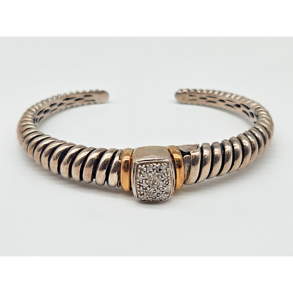 BJC Samuel Benham Sterling Silver 14K Gold Diamond Hinged Cable Cuff Bracelet